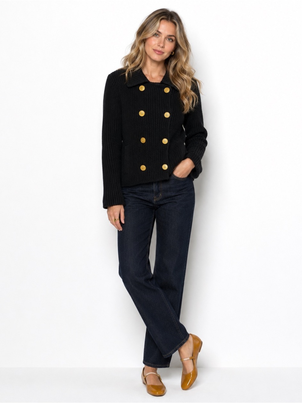 Lauren Ralph Lauren Black Heavy Knit Double Breasted Sweater Jacket Medium